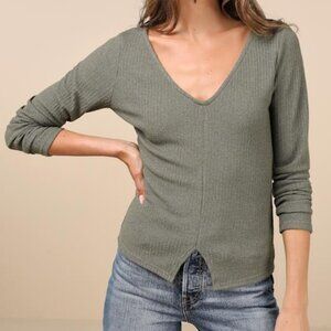 Lulus Novel Poise Olive Green Textured V-neck Long Sleeve Top - Size M